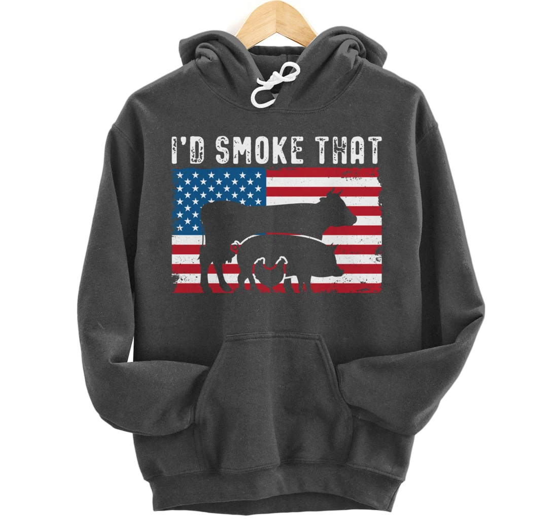 Patriotic BBQ Chicken Cow Pig Graphic US flag Meat Smoking Pullover Hoodie