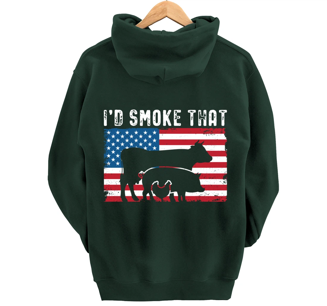 Patriotic BBQ Chicken Cow Pig Graphic US flag Meat Smoking Pullover Hoodie