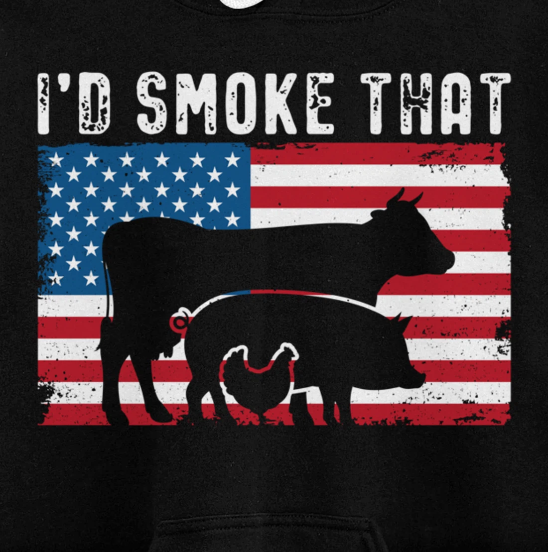 Patriotic BBQ Chicken Cow Pig Graphic US flag Meat Smoking Pullover Hoodie