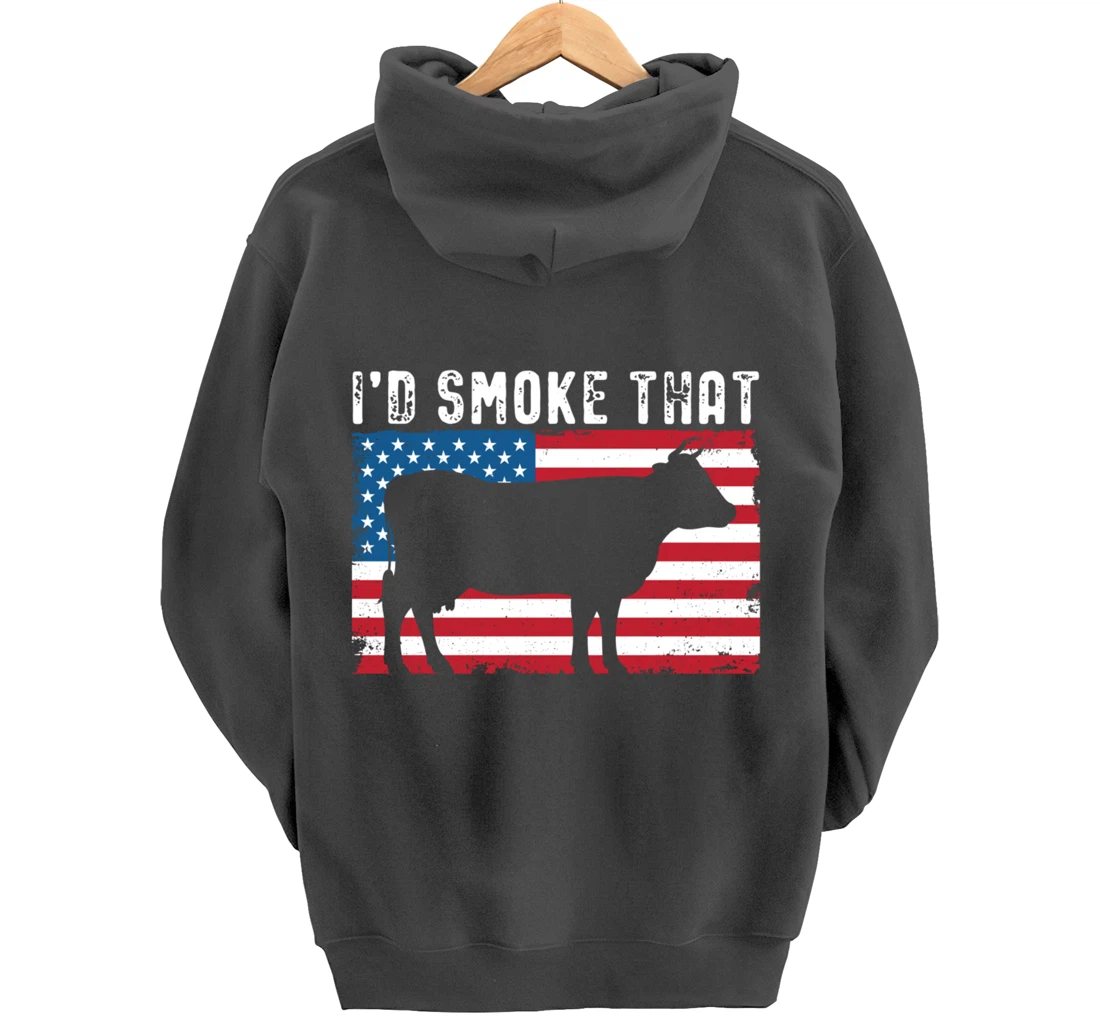 Patriotic Barbecue Cow Graphic American flag Meat Smoking Pullover Hoodie