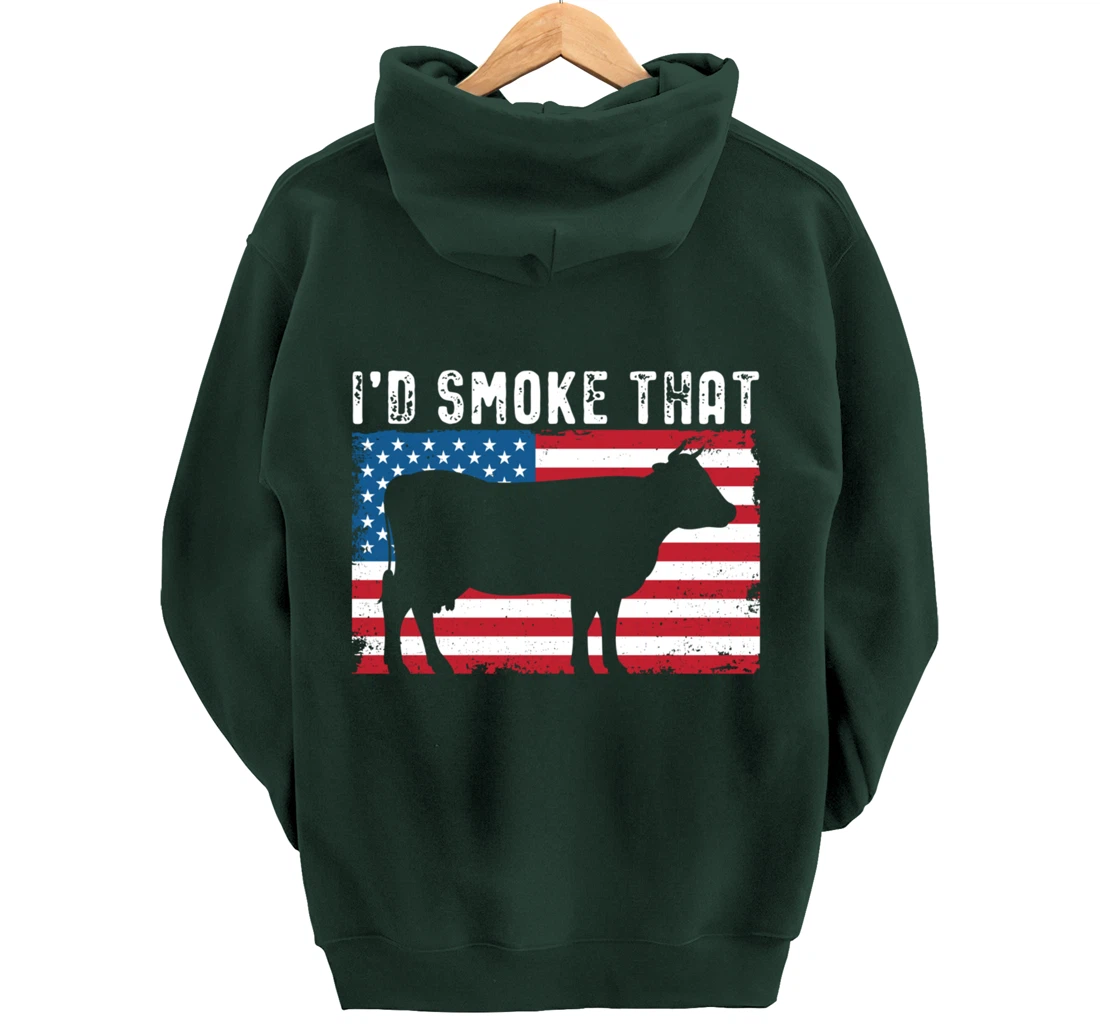 Patriotic Barbecue Cow Graphic American flag Meat Smoking Pullover Hoodie