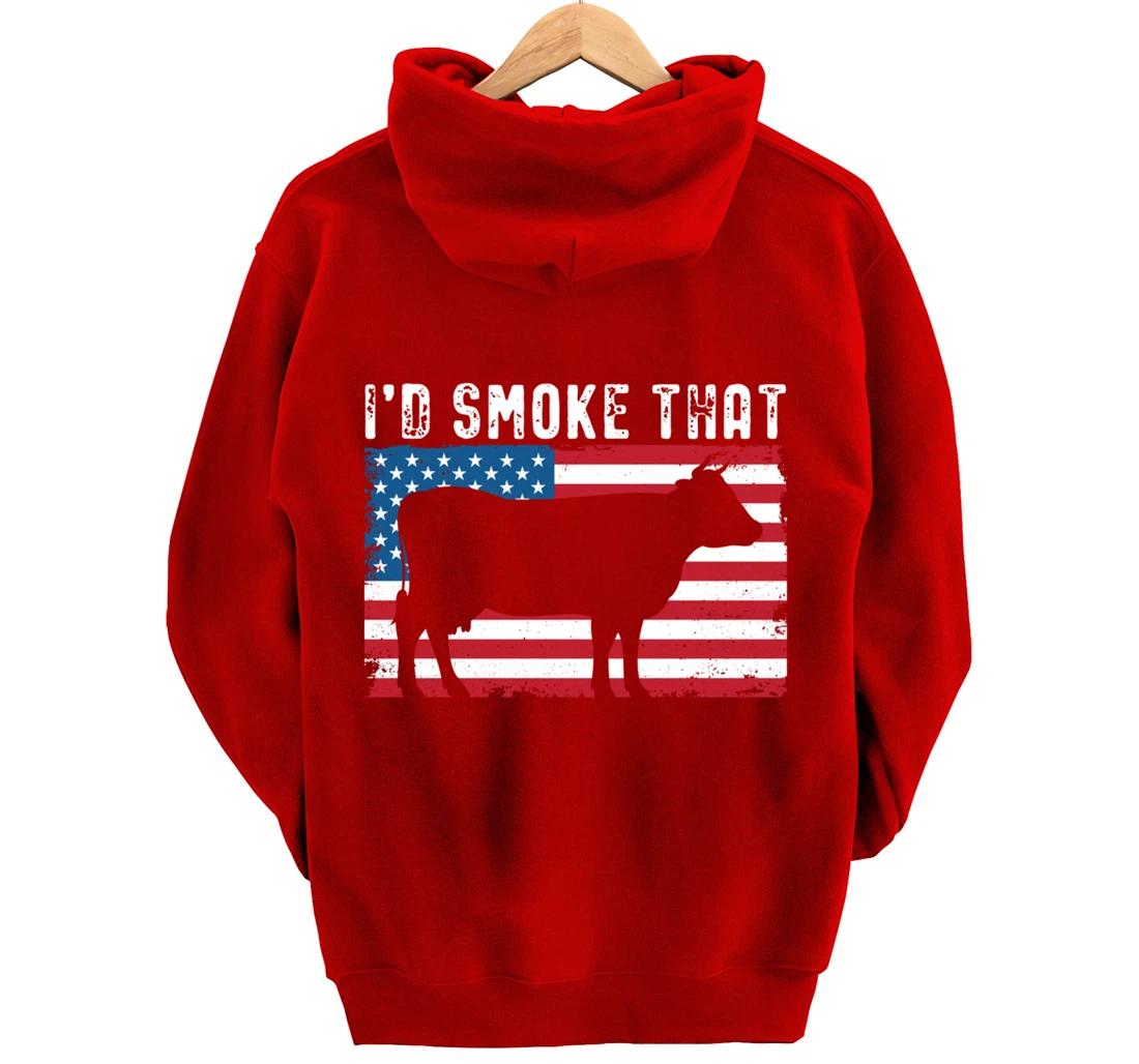 Patriotic Barbecue Cow Graphic American flag Meat Smoking Pullover Hoodie