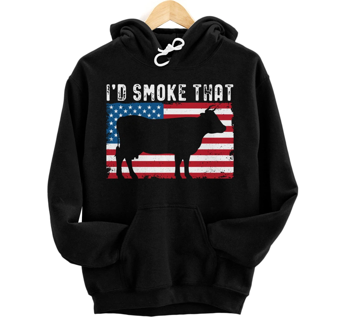 Patriotic Barbecue Cow Graphic American flag Meat Smoking Pullover Hoodie