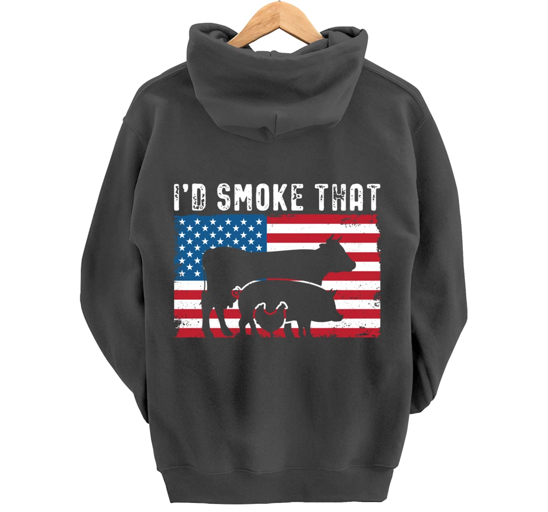 Patriotic BBQ Chicken Cow Pig Graphic US flag Meat Smoking Pullover Hoodie