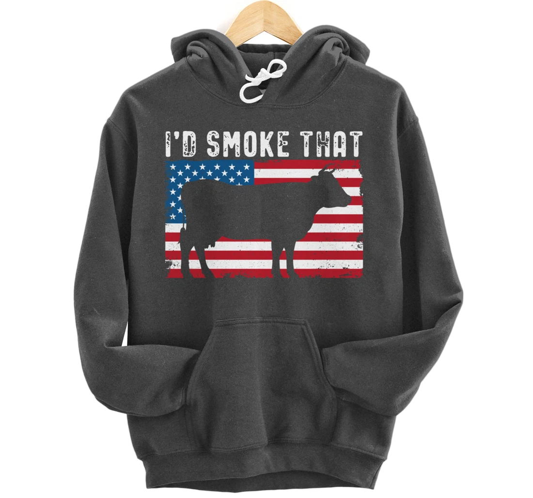 Patriotic Barbecue Cow Graphic American flag Meat Smoking Pullover Hoodie