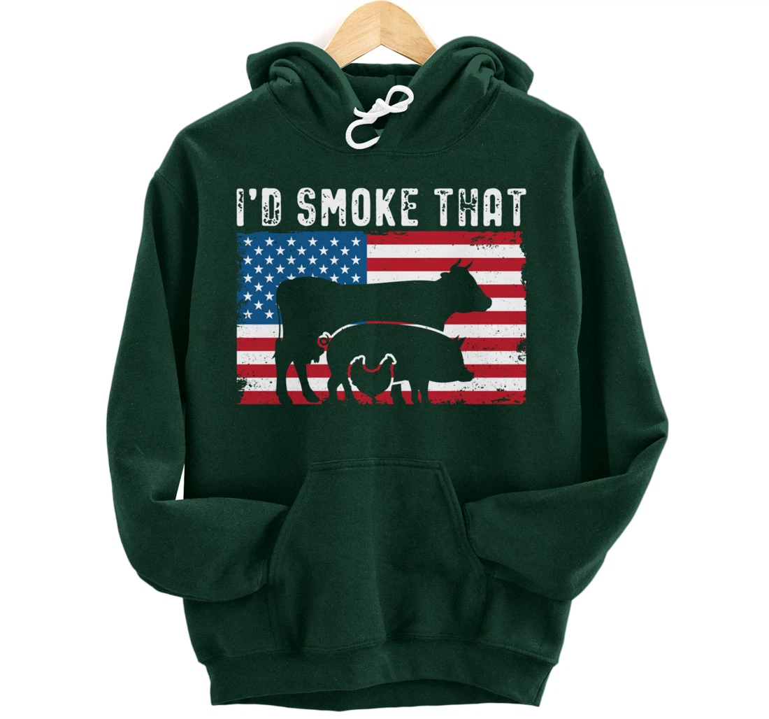 Patriotic BBQ Chicken Cow Pig Graphic US flag Meat Smoking Pullover Hoodie