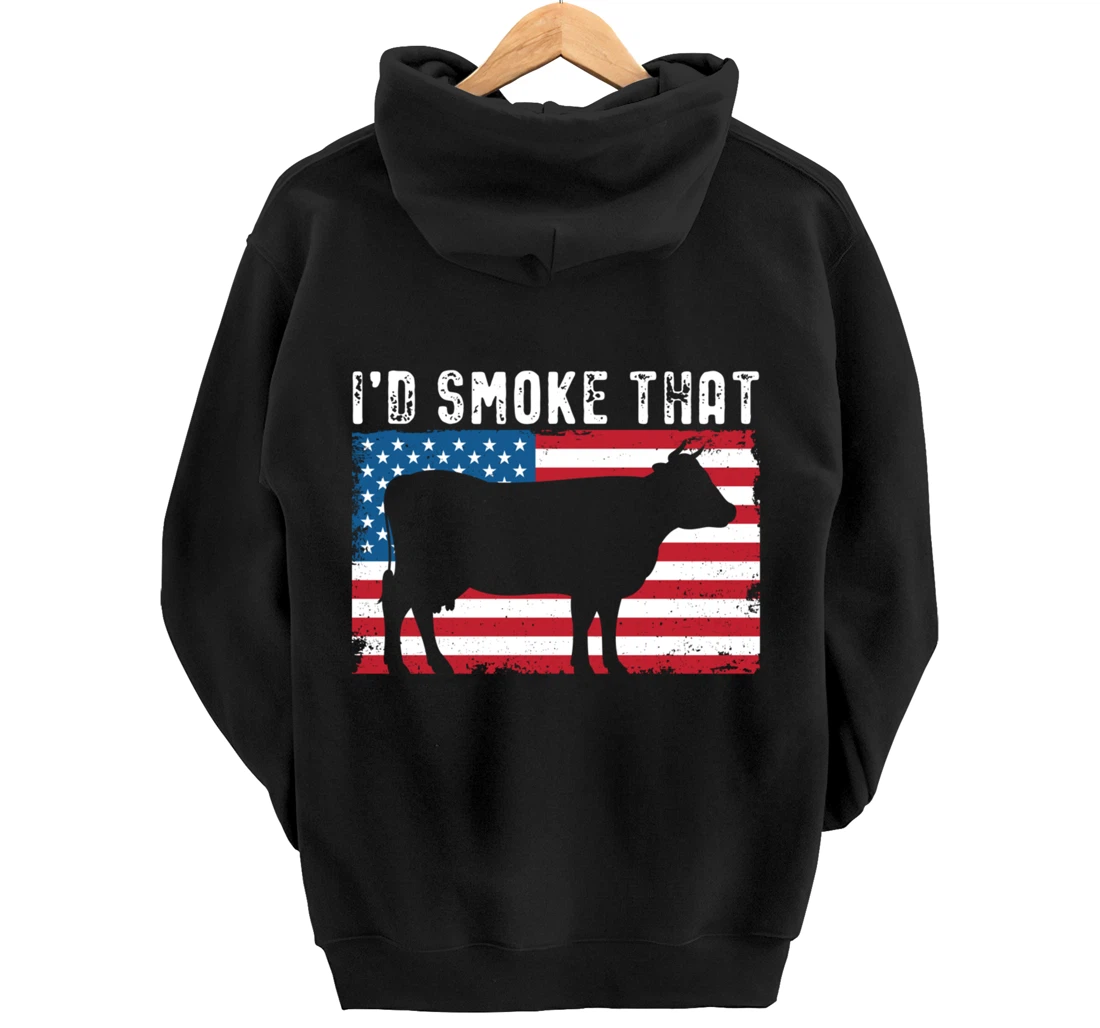 Patriotic Barbecue Cow Graphic American flag Meat Smoking Pullover Hoodie