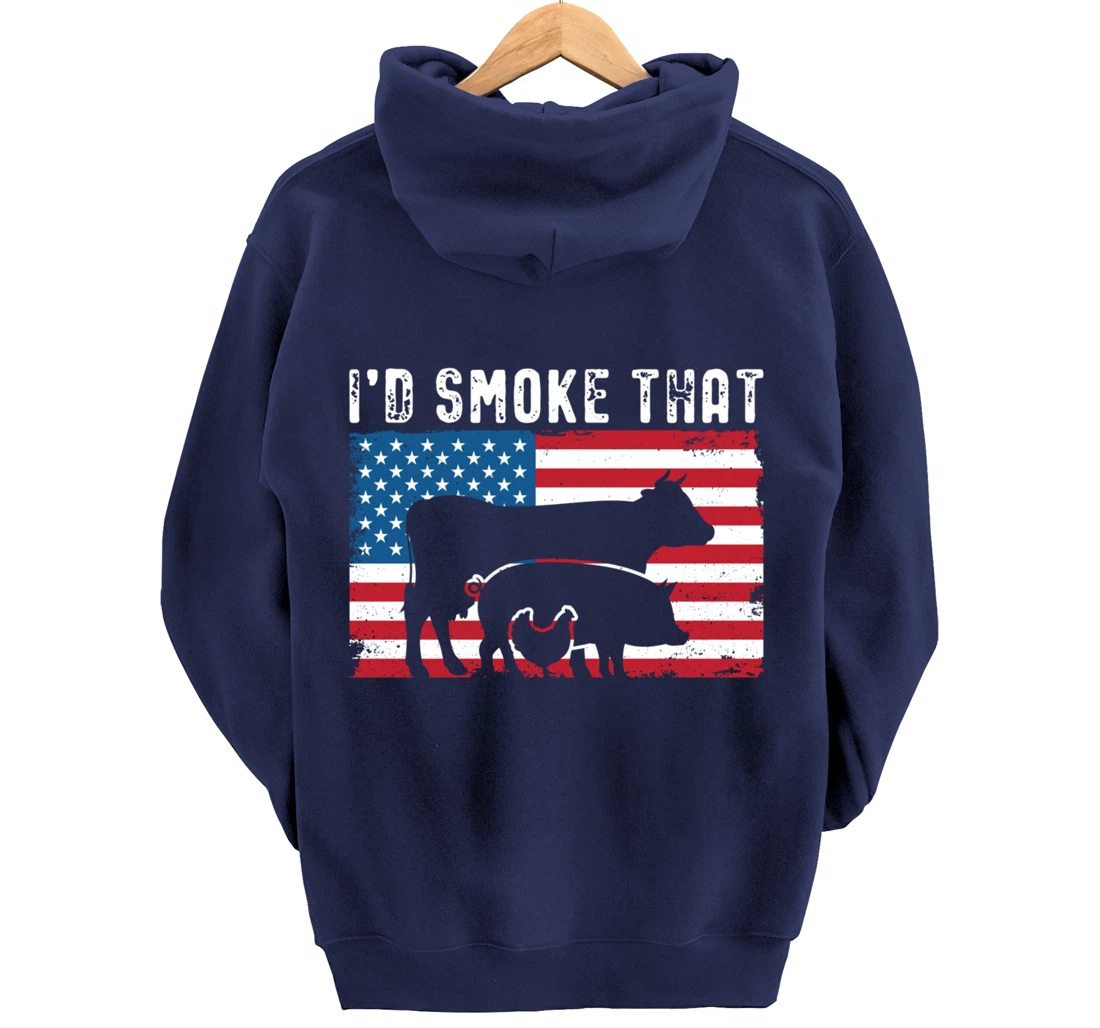 Patriotic BBQ Chicken Cow Pig Graphic US flag Meat Smoking Pullover Hoodie