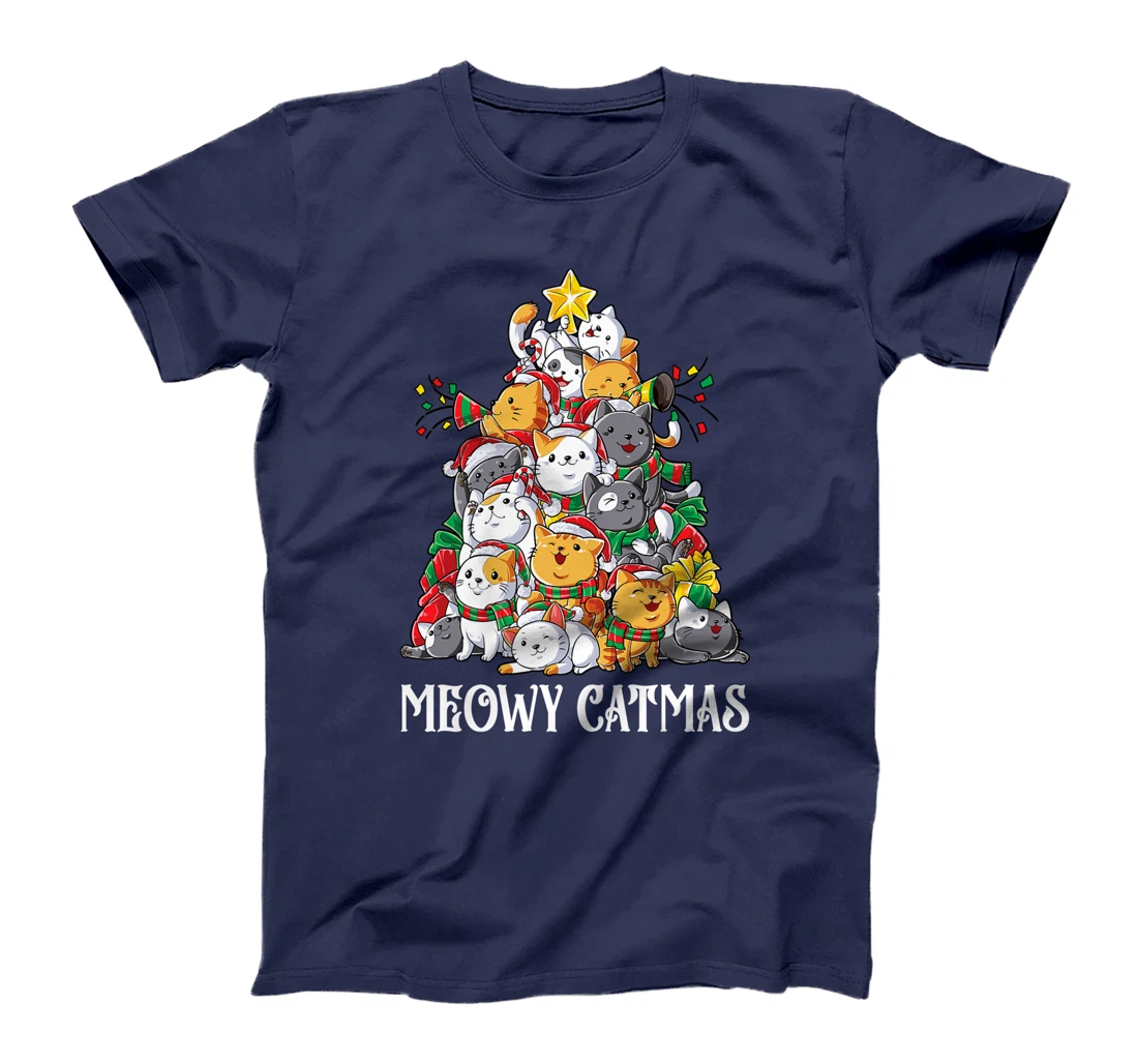 Meowy Catmas Cat Christmas Tree Xmas Girls Boys Funny Santa T-Shirt