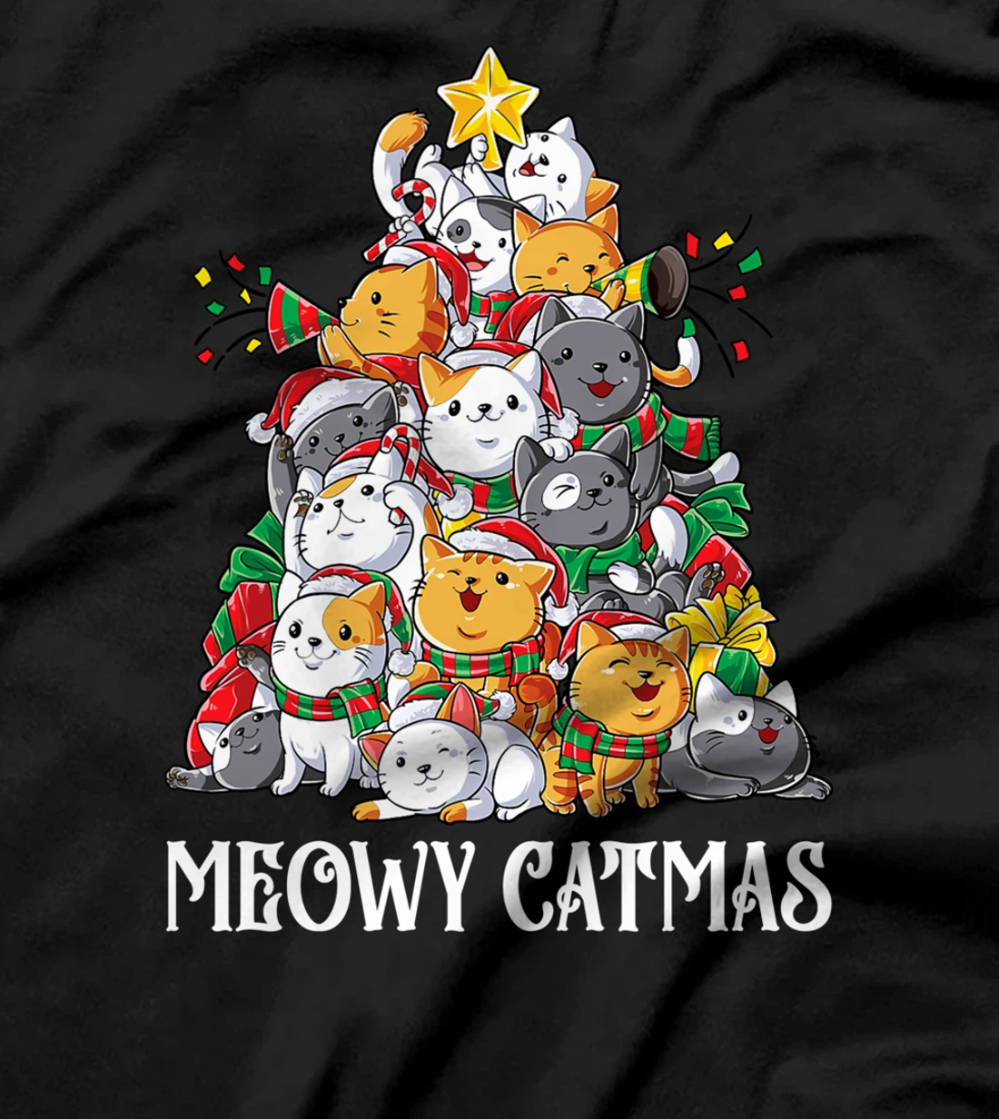 Meowy Catmas Cat Christmas Tree Xmas Girls Boys Funny Santa T-Shirt