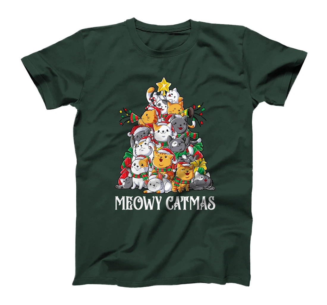 Meowy Catmas Cat Christmas Tree Xmas Girls Boys Funny Santa T-Shirt