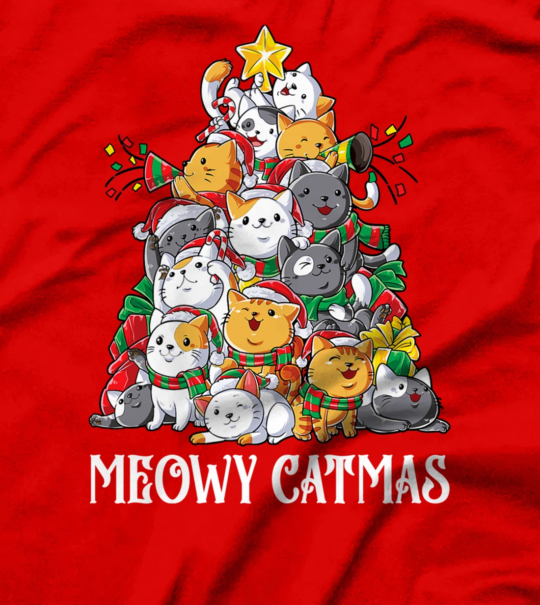 Meowy Catmas Cat Christmas Tree Xmas Girls Boys Funny Santa T-Shirt
