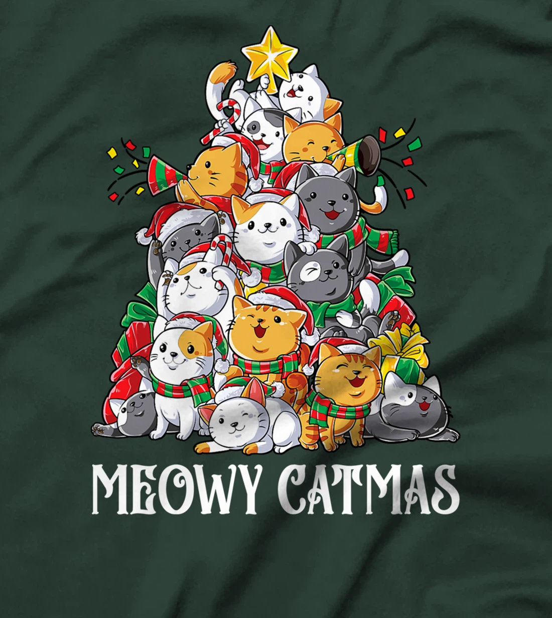 Meowy Catmas Cat Christmas Tree Xmas Girls Boys Funny Santa T-Shirt