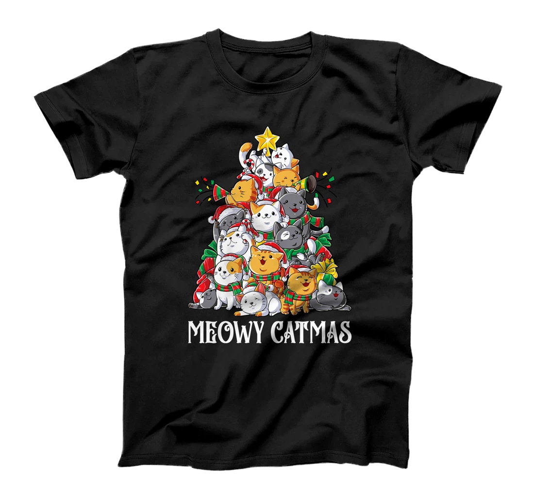Meowy Catmas Cat Christmas Tree Xmas Girls Boys Funny Santa T-Shirt