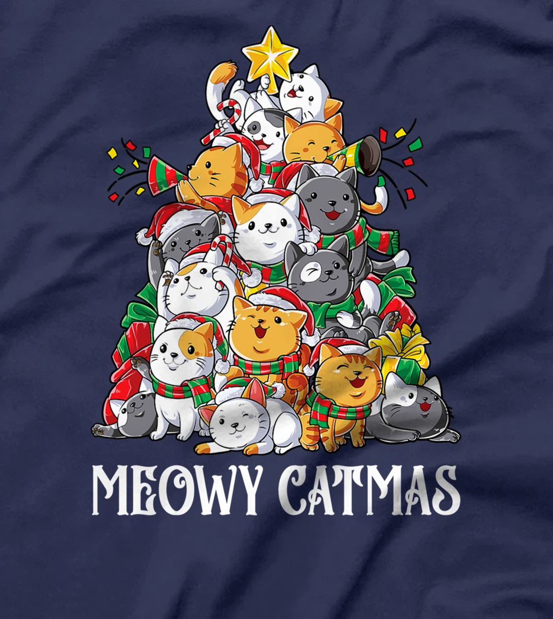 Meowy Catmas Cat Christmas Tree Xmas Girls Boys Funny Santa T-Shirt