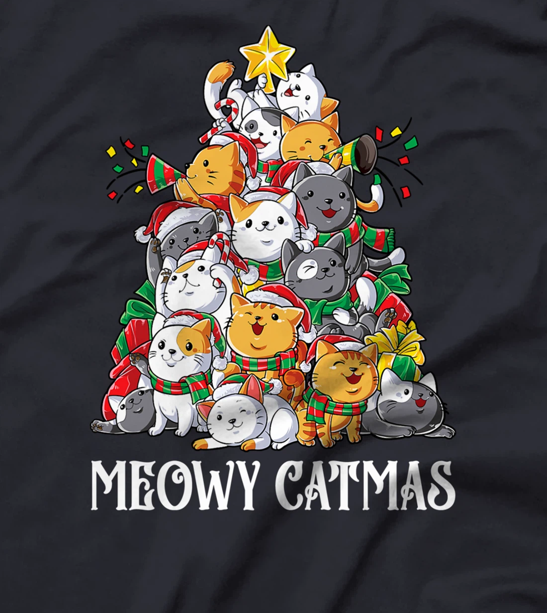 Meowy Catmas Cat Christmas Tree Xmas Girls Boys Funny Santa T-Shirt