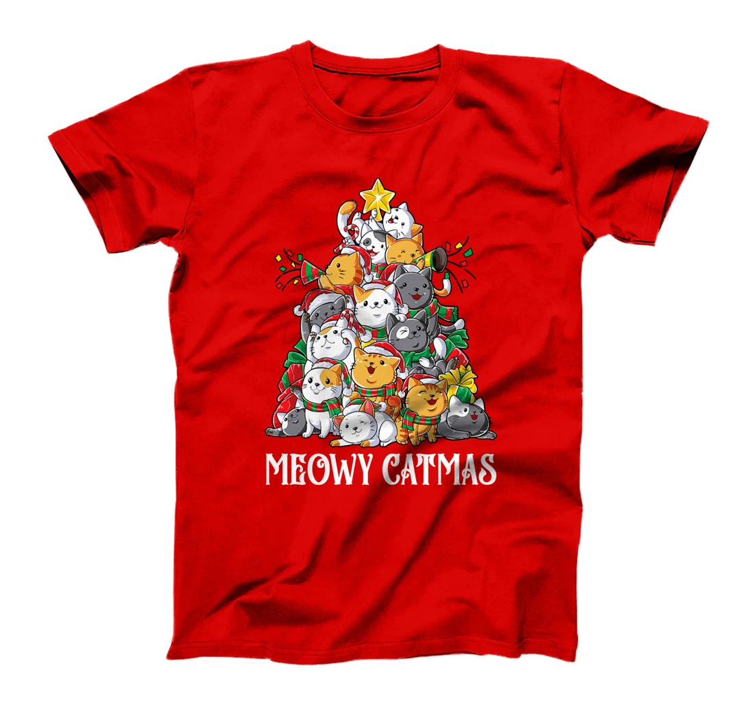 Meowy Catmas Cat Christmas Tree Xmas Girls Boys Funny Santa T-Shirt