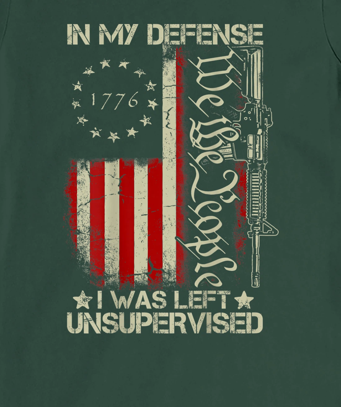 Gun USA Flag In My Defense I Was Left Unsupervised (on back) T-Shirt, Women T-Shirt