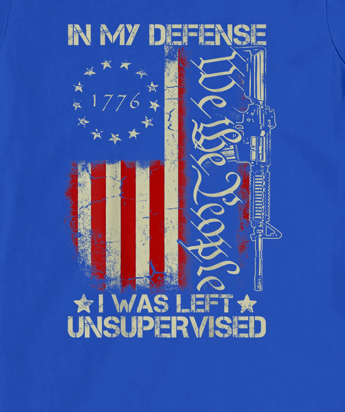 Gun USA Flag In My Defense I Was Left Unsupervised (on back) T-Shirt, Women T-Shirt