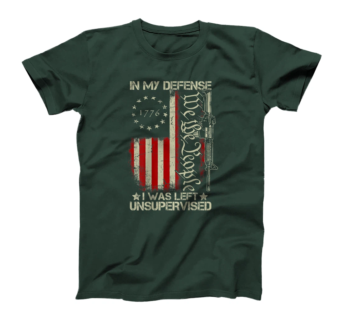 Gun USA Flag In My Defense I Was Left Unsupervised (on back) T-Shirt, Women T-Shirt