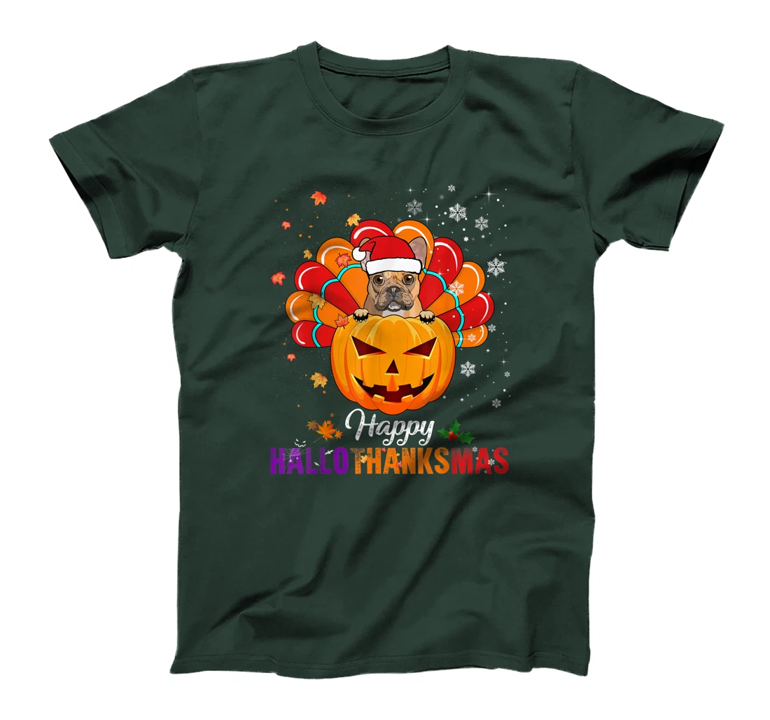 Happy HalloThanksMas Fall Pumpkin French Bulldog Santa Lover T-Shirt, Kid T-Shirt and Women T-Shirt