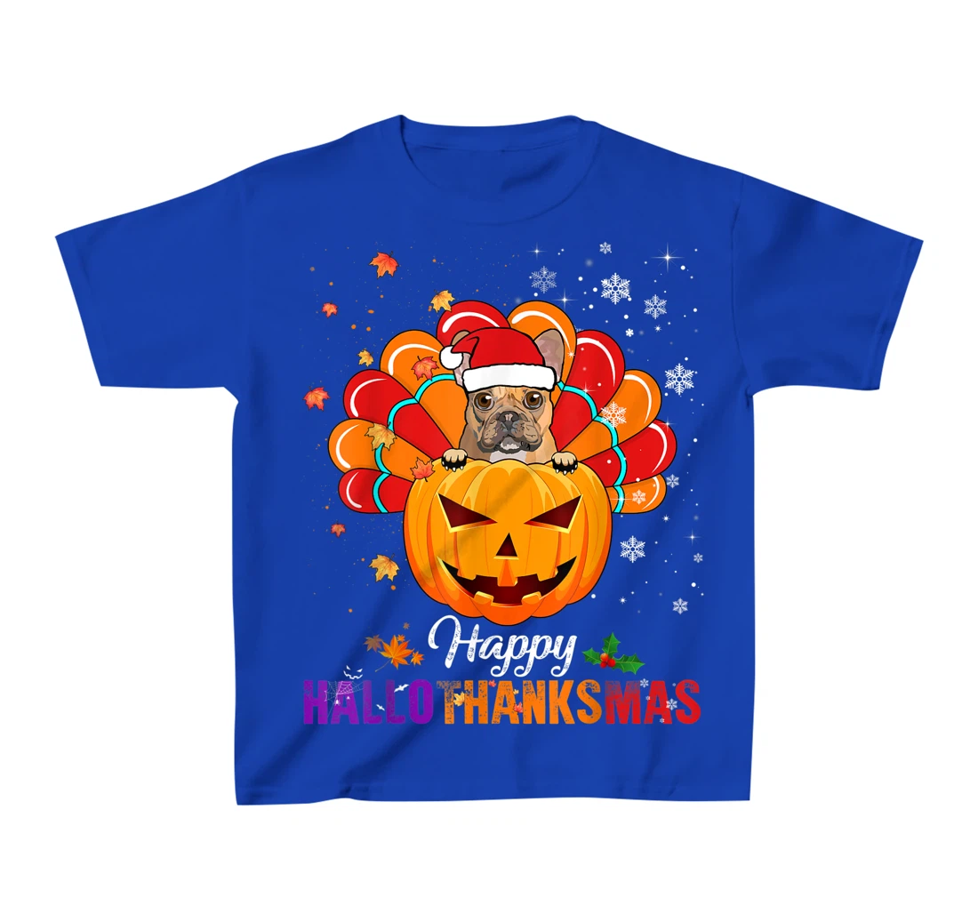 Happy HalloThanksMas Fall Pumpkin French Bulldog Santa Lover T-Shirt, Kid T-Shirt and Women T-Shirt