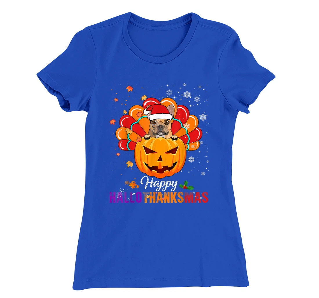 Happy HalloThanksMas Fall Pumpkin French Bulldog Santa Lover T-Shirt, Kid T-Shirt and Women T-Shirt
