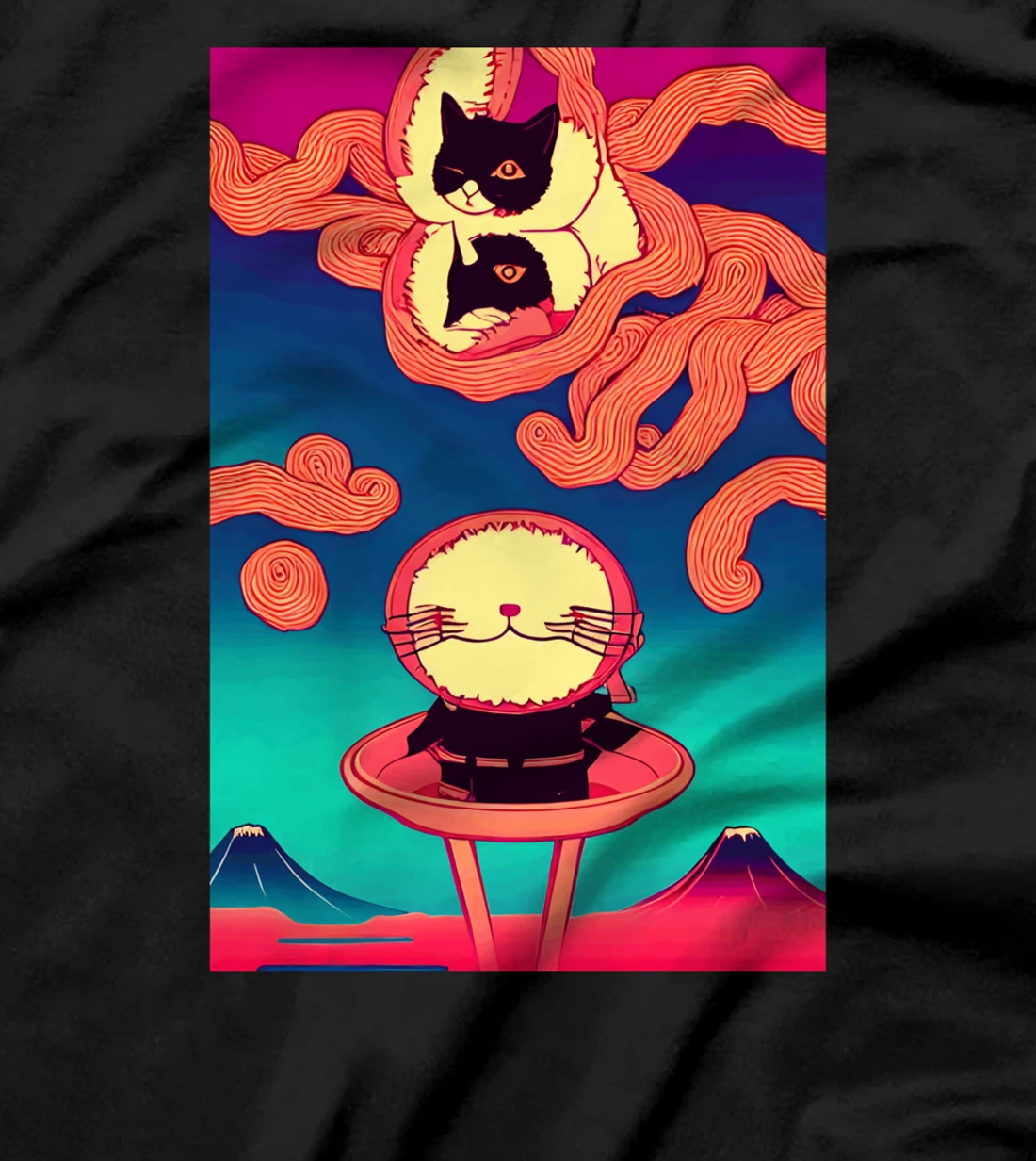 kawaii funny Japanese Cat great ramen wave tentacles volcano T-Shirt