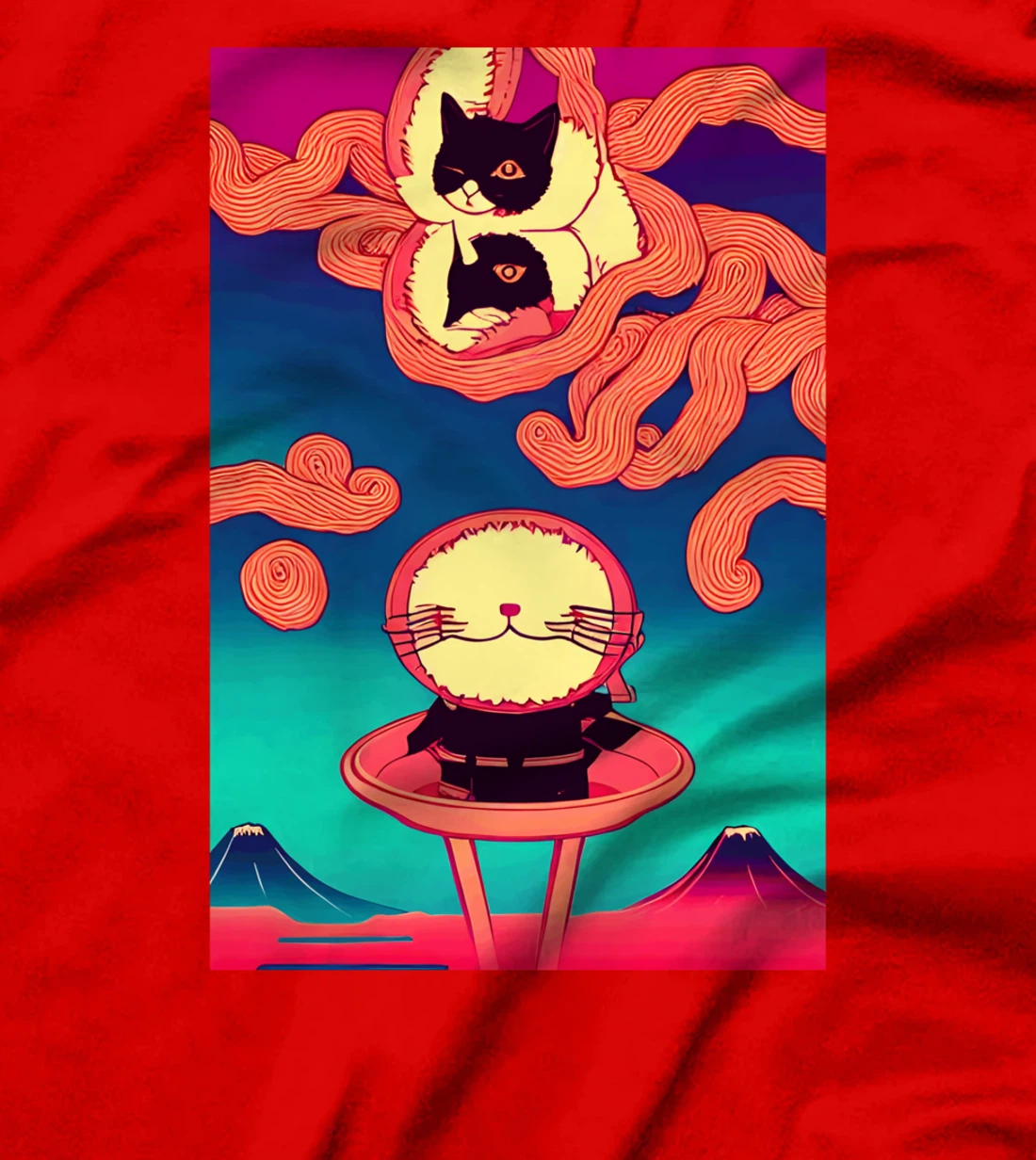 kawaii funny Japanese Cat great ramen wave tentacles volcano T-Shirt