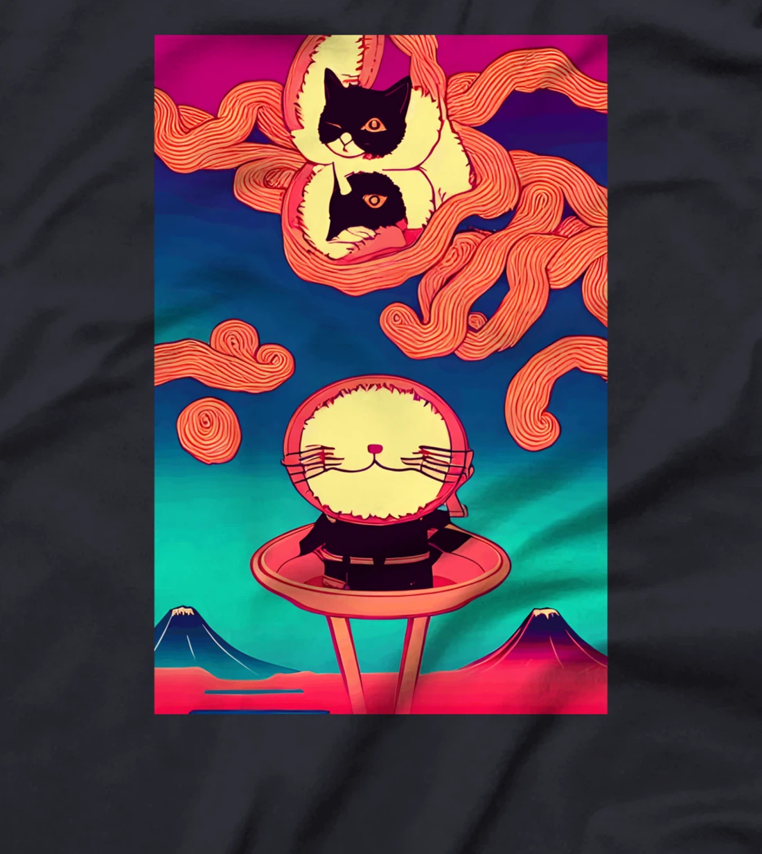 kawaii funny Japanese Cat great ramen wave tentacles volcano T-Shirt