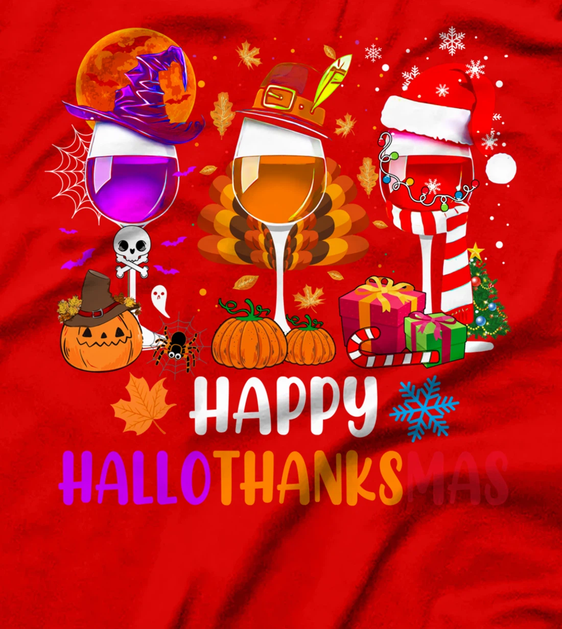Happy Hallothanksmas Wine Glasses Witch Santa Hat Pumpkin T-Shirt
