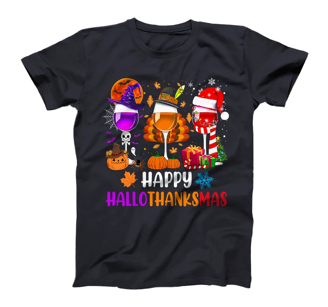 Happy Hallothanksmas Wine Glasses Witch Santa Hat Pumpkin T-Shirt
