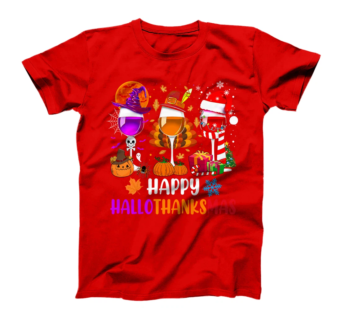Happy Hallothanksmas Wine Glasses Witch Santa Hat Pumpkin T-Shirt