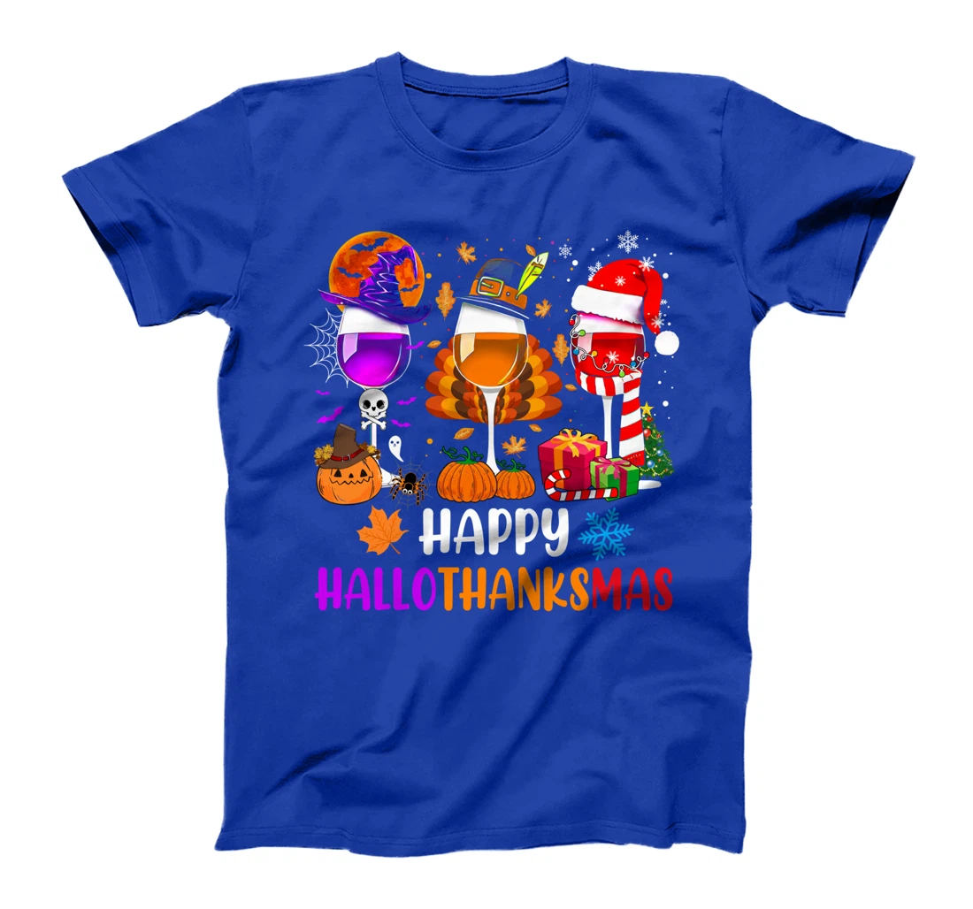 Happy Hallothanksmas Wine Glasses Witch Santa Hat Pumpkin T-Shirt