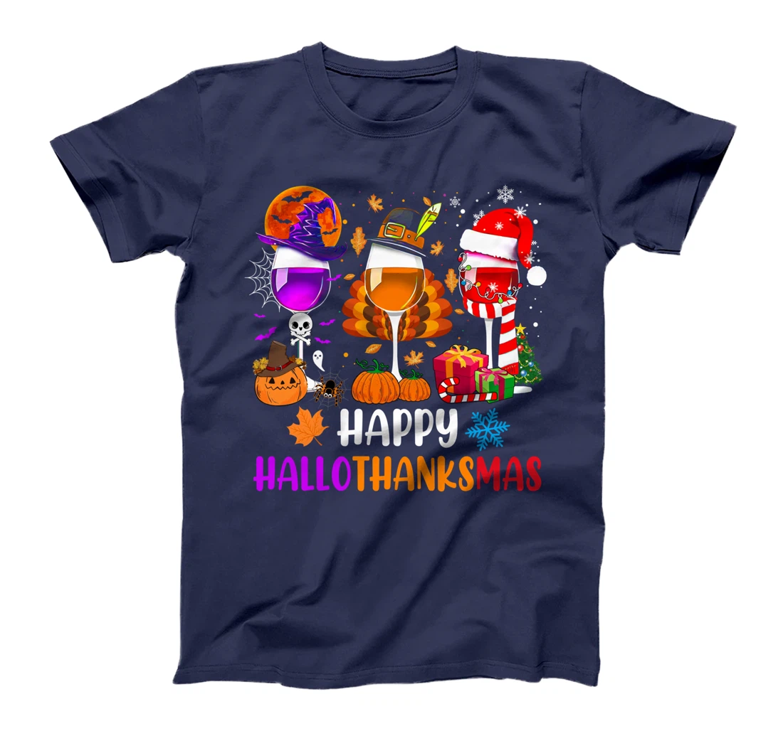 Happy Hallothanksmas Wine Glasses Witch Santa Hat Pumpkin T-Shirt