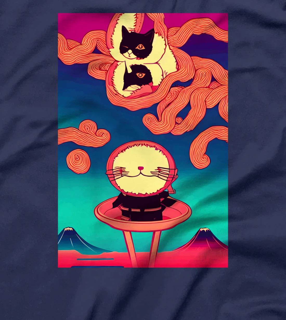 kawaii funny Japanese Cat great ramen wave tentacles volcano T-Shirt