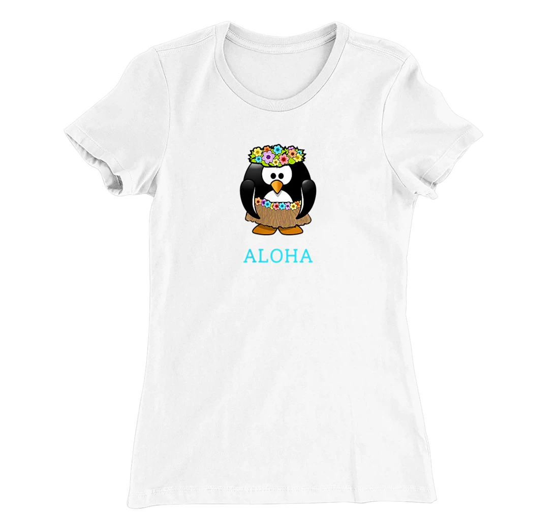 Aloha w Hula Hawaiian Penguin - On Left Breast - Hawaii Fun T-Shirt, Women T-Shirt