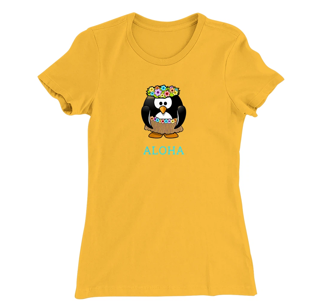 Aloha w Hula Hawaiian Penguin - On Left Breast - Hawaii Fun T-Shirt, Women T-Shirt