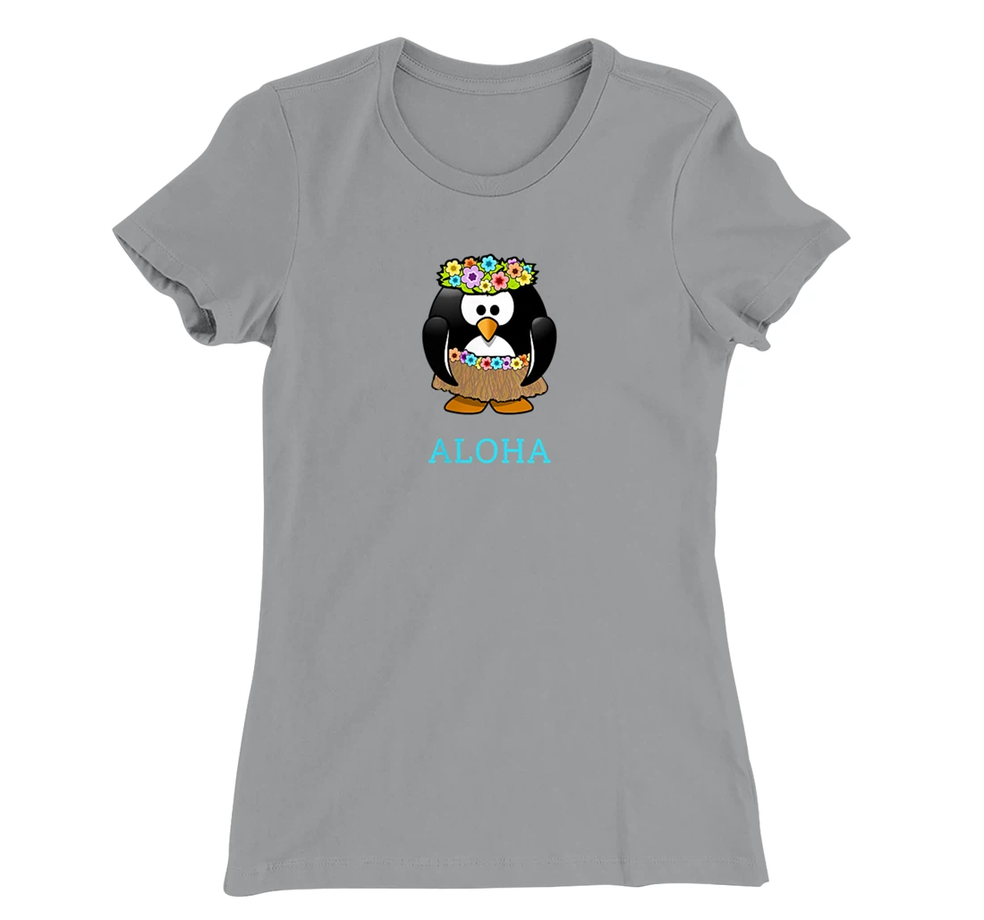 Aloha w Hula Hawaiian Penguin - On Left Breast - Hawaii Fun T-Shirt, Women T-Shirt