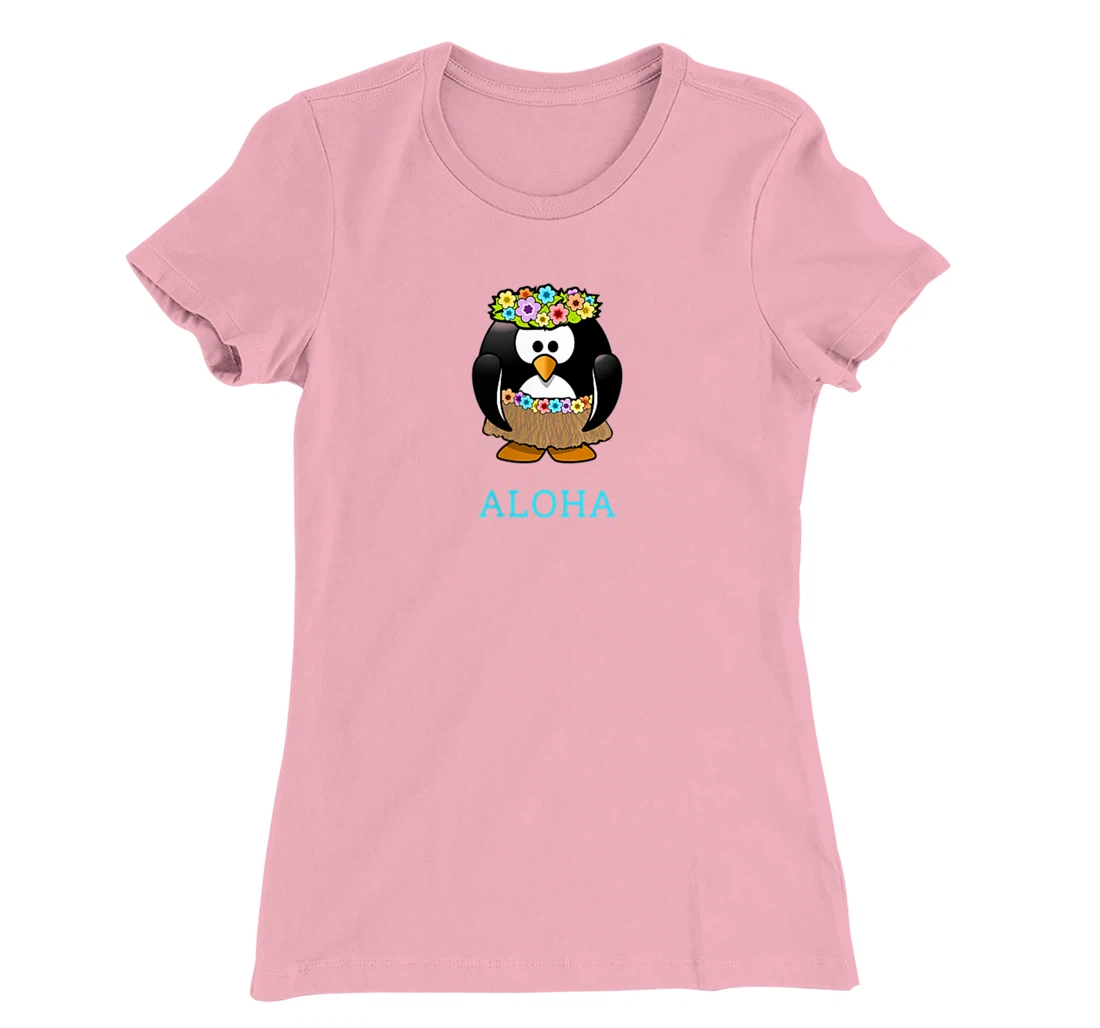 Aloha w Hula Hawaiian Penguin - On Left Breast - Hawaii Fun T-Shirt, Women T-Shirt