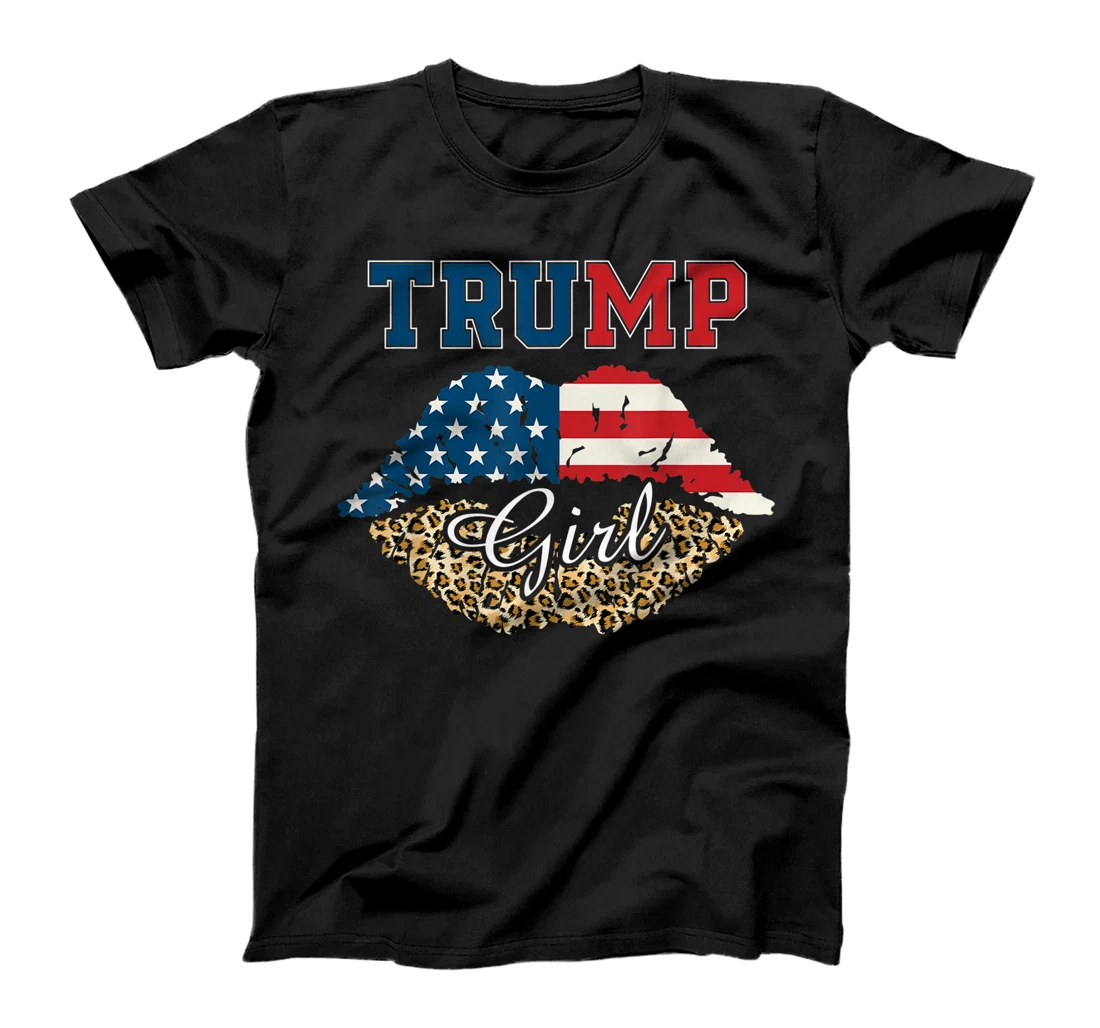 Womens Trump Girl Leopard Lips USA Flag T-Shirt