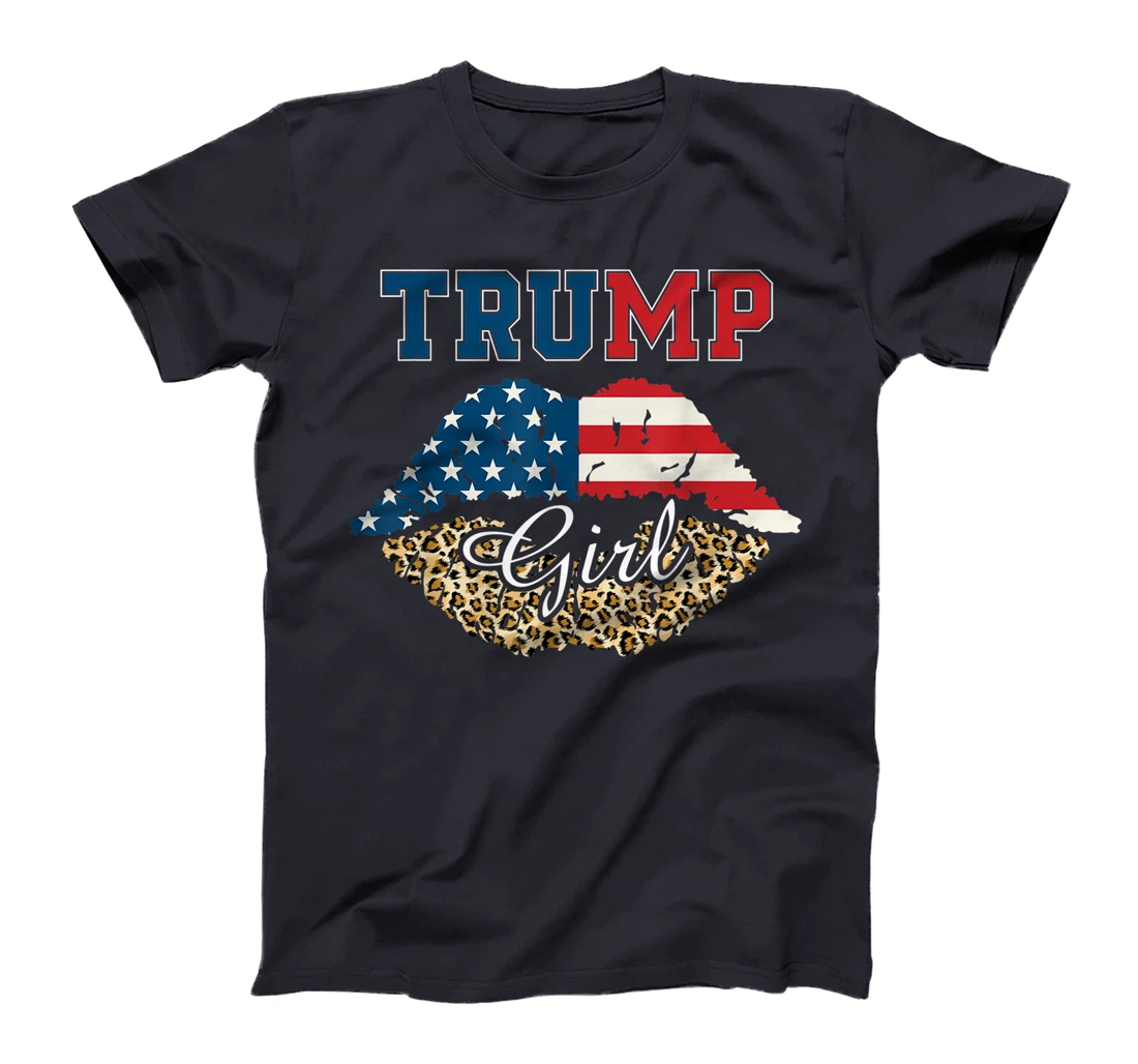Womens Trump Girl Leopard Lips USA Flag T-Shirt
