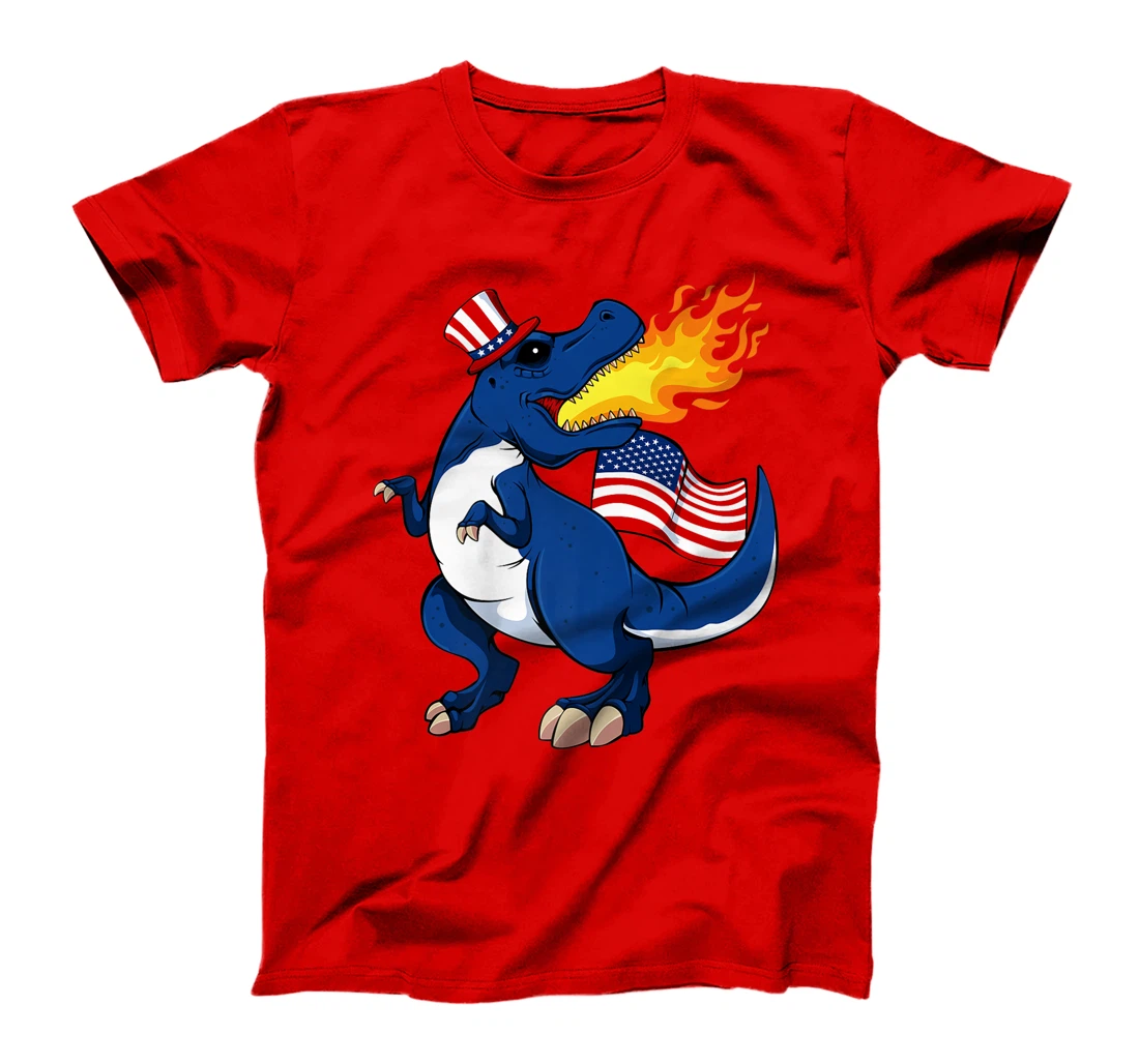 Dinosaur Breathing Fire 4th Of July T-Rex American Flag Hat T-Shirt, Kid T-Shirt and Women T-Shirt
