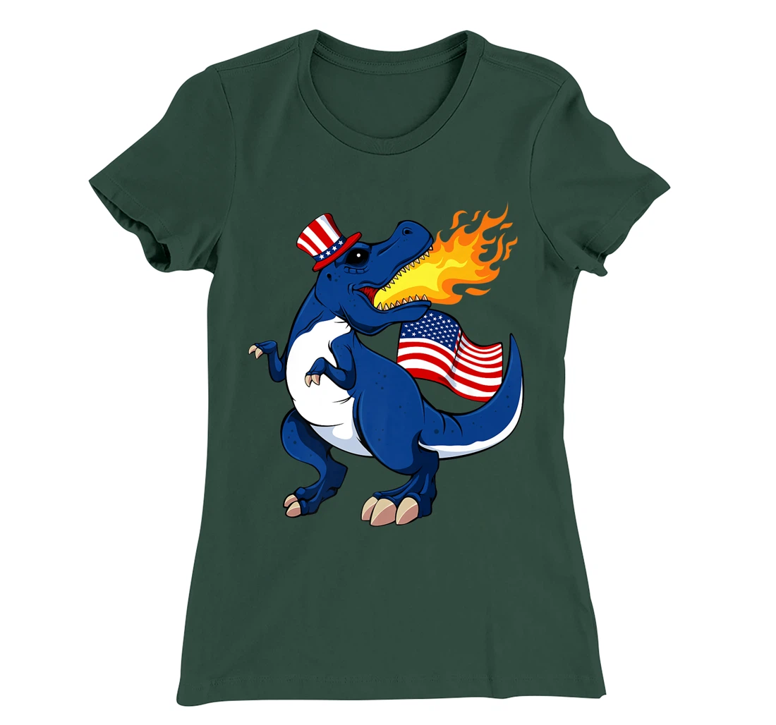 Dinosaur Breathing Fire 4th Of July T-Rex American Flag Hat T-Shirt, Kid T-Shirt and Women T-Shirt