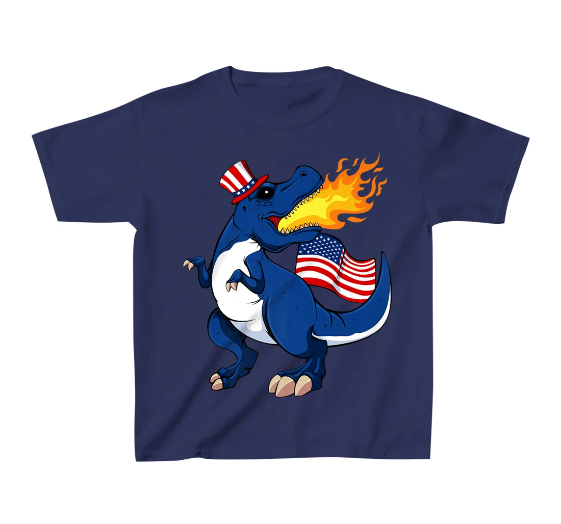 Dinosaur Breathing Fire 4th Of July T-Rex American Flag Hat T-Shirt, Kid T-Shirt and Women T-Shirt