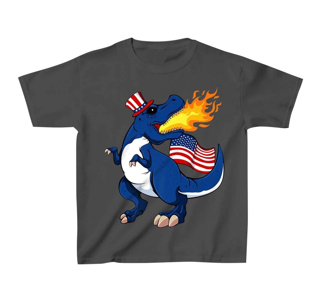 Dinosaur Breathing Fire 4th Of July T-Rex American Flag Hat T-Shirt, Kid T-Shirt and Women T-Shirt