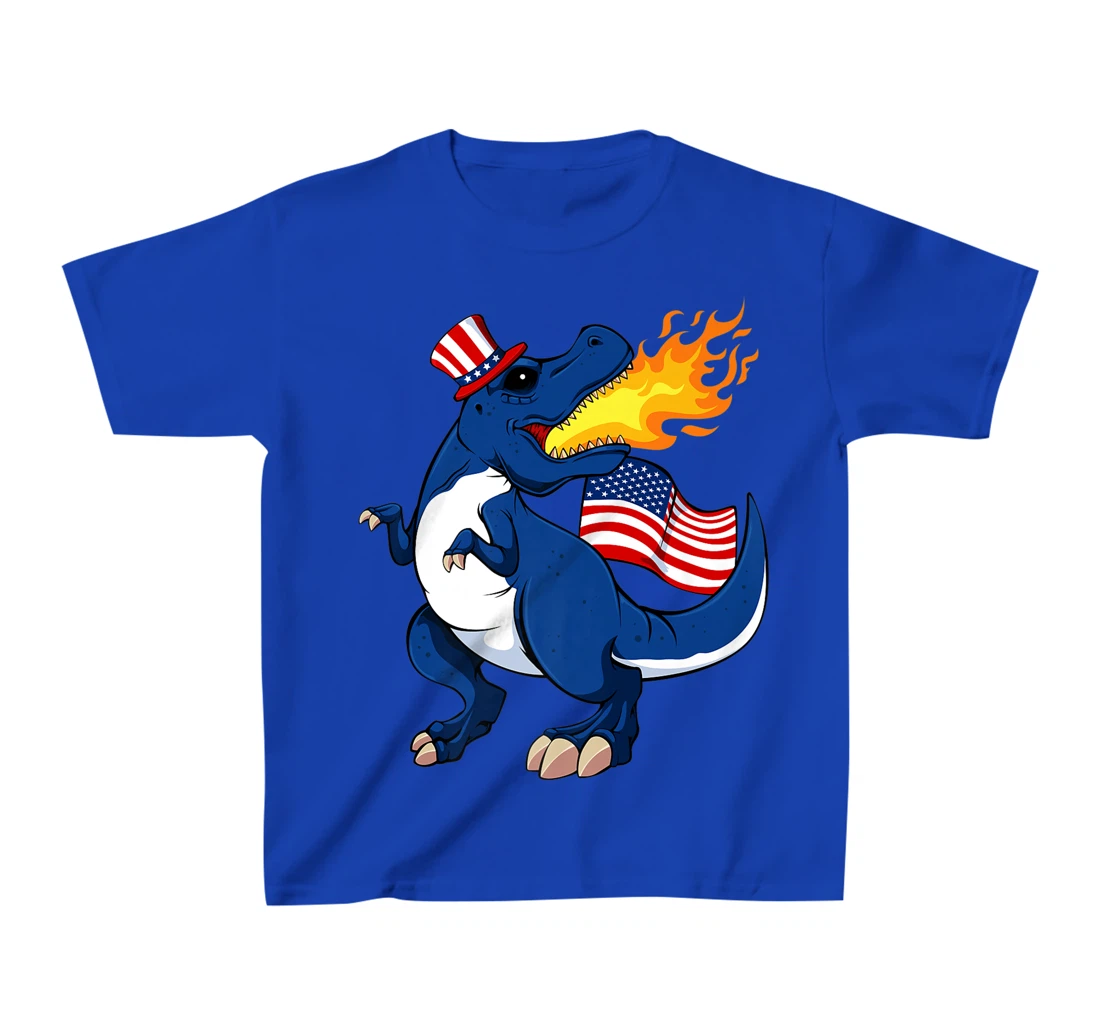 Dinosaur Breathing Fire 4th Of July T-Rex American Flag Hat T-Shirt, Kid T-Shirt and Women T-Shirt