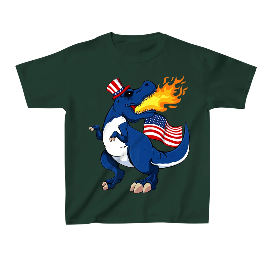 Dinosaur Breathing Fire 4th Of July T-Rex American Flag Hat T-Shirt, Kid T-Shirt and Women T-Shirt