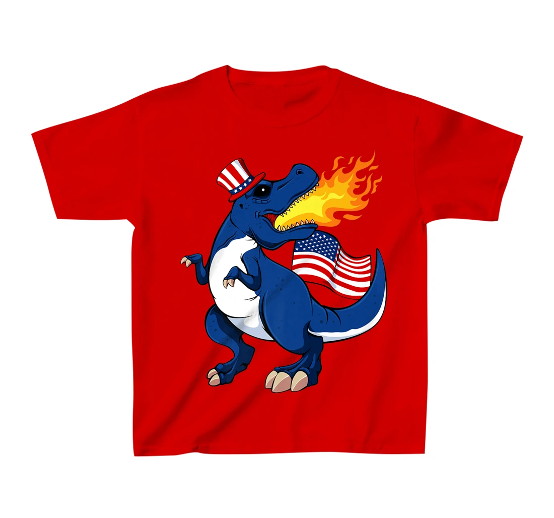 Dinosaur Breathing Fire 4th Of July T-Rex American Flag Hat T-Shirt, Kid T-Shirt and Women T-Shirt