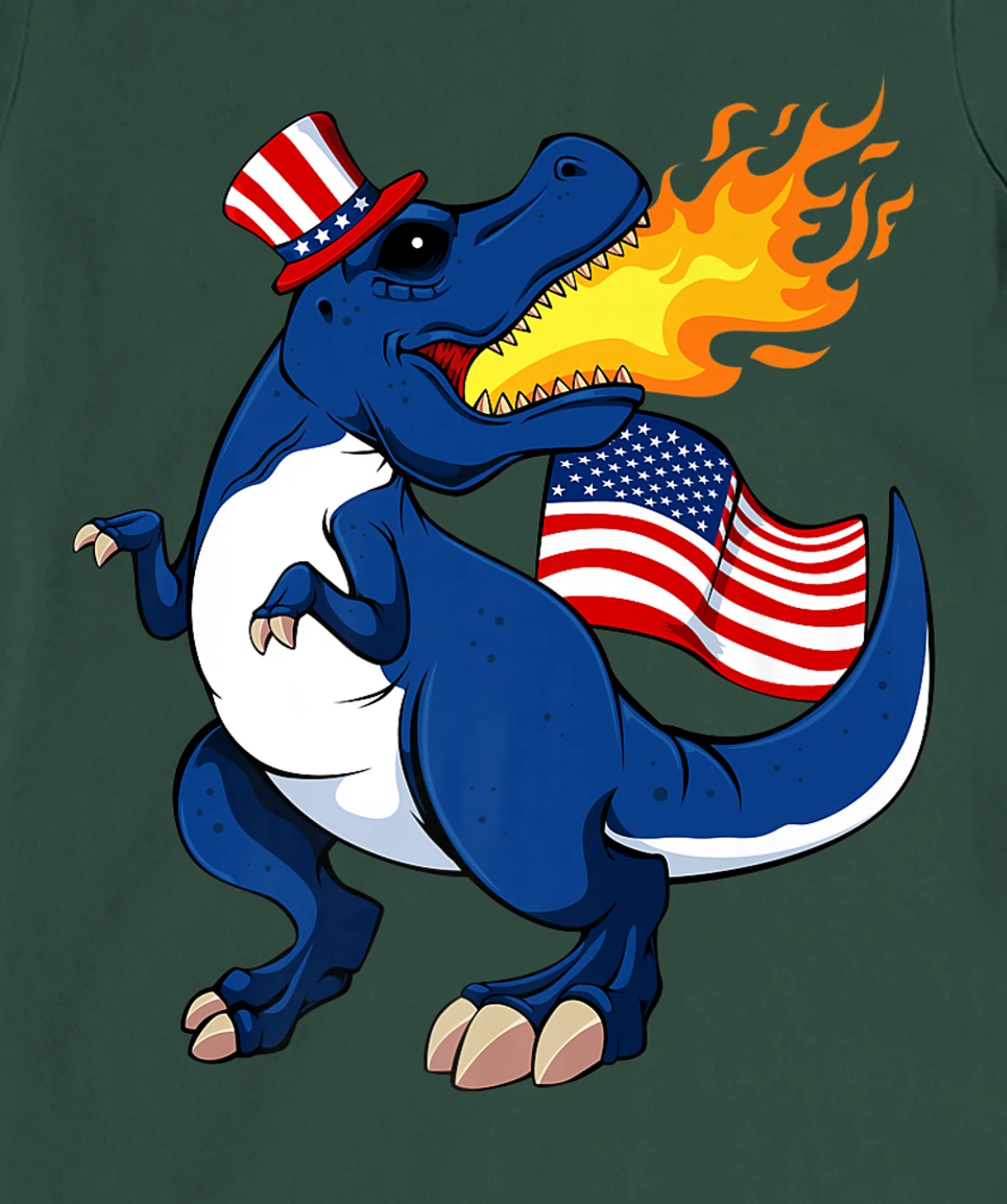Dinosaur Breathing Fire 4th Of July T-Rex American Flag Hat T-Shirt, Kid T-Shirt and Women T-Shirt